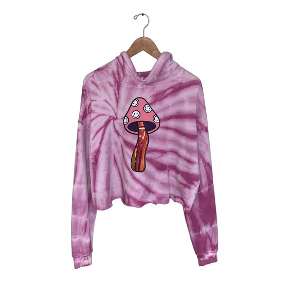 Reworked Cropped Hoodie Size  Large Pink Tie-Dye Psychedelic‎ Groovy Sweater - Picture 1 of 7